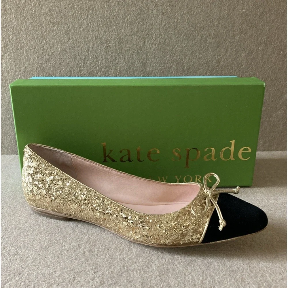 Kate Spade New York Nella Flats Size 9 Gold Glitter Black Toe‎ w/ Box